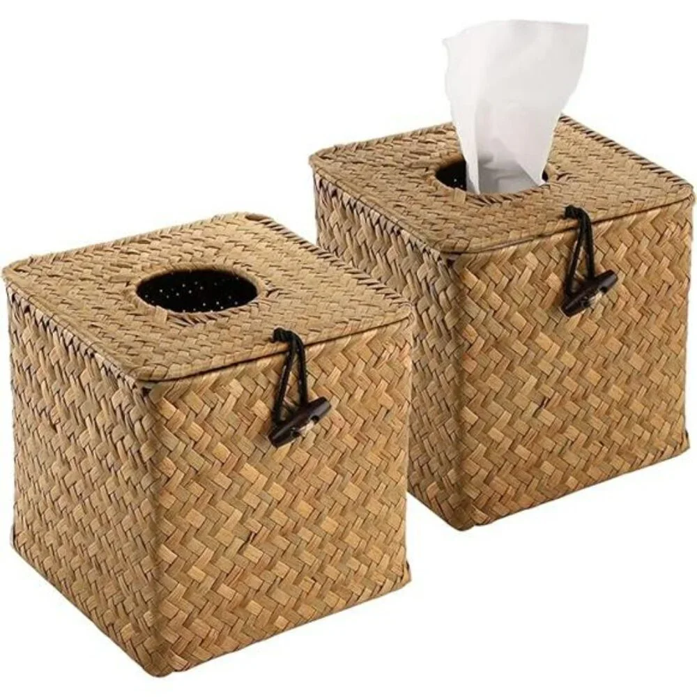 Seagrass tissue box cover set of 2 woven rattan tissue holder bathroom bedroom